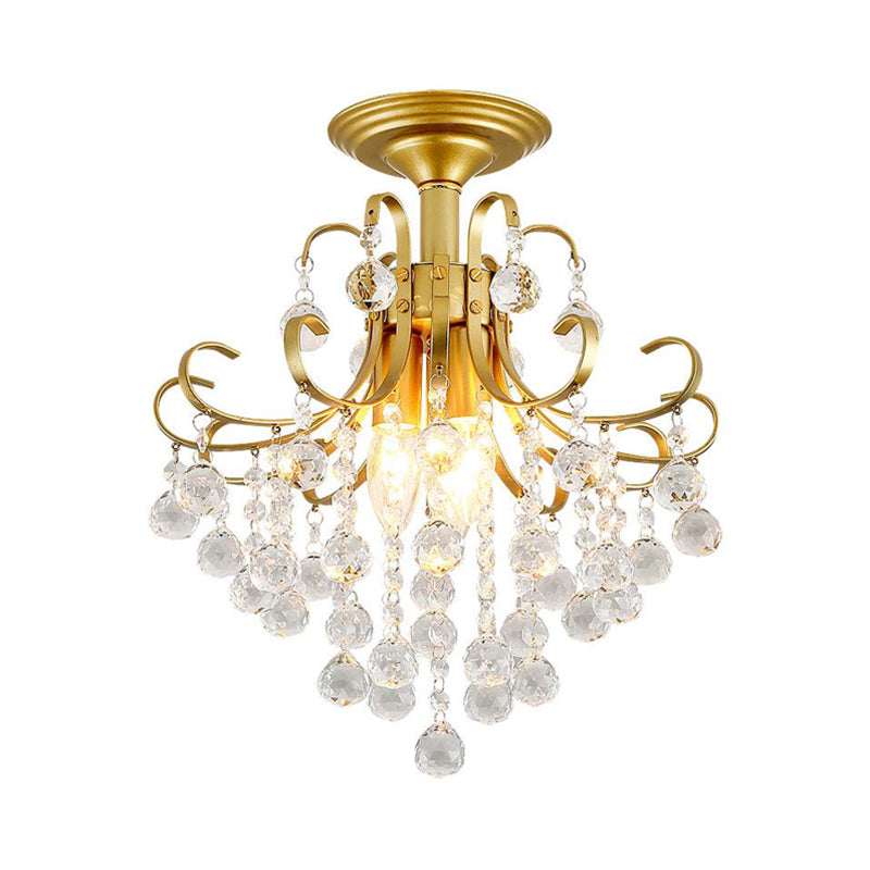 Curve Arm Close to Ceiling Light Contemporary Faceted Crystal Ball 3 Lights Gold/Black Semi Flush Light Clearhalo 'Ceiling Lights' 'Close To Ceiling Lights' 'Close to ceiling' 'Semi-flushmount' Lighting' 220867