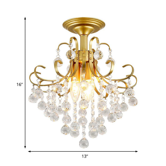 Curve Arm Close to Ceiling Light Contemporary Faceted Crystal Ball 3 Lights Gold/Black Semi Flush Light Clearhalo 'Ceiling Lights' 'Close To Ceiling Lights' 'Close to ceiling' 'Semi-flushmount' Lighting' 220868