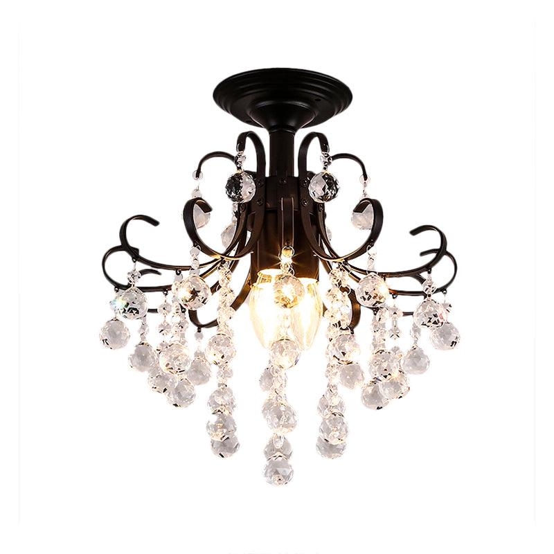 Curve Arm Close to Ceiling Light Contemporary Faceted Crystal Ball 3 Lights Gold/Black Semi Flush Light Clearhalo 'Ceiling Lights' 'Close To Ceiling Lights' 'Close to ceiling' 'Semi-flushmount' Lighting' 220871