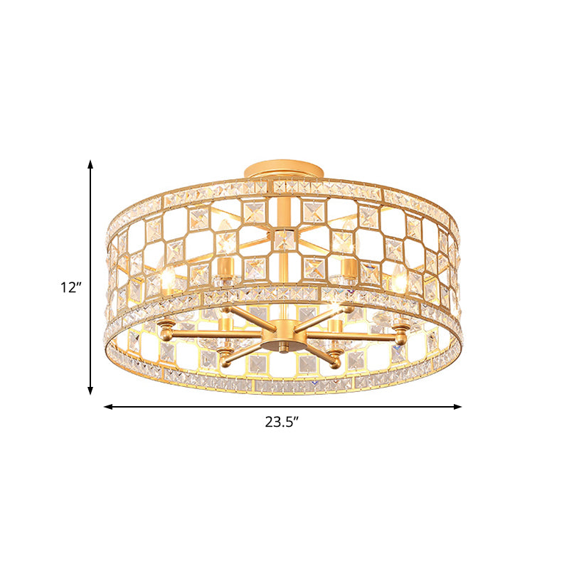 Modernism 3/4/6 Lights Semi Flush Light with Metal and Crystal Shade Gold Drum Ceiling Fixture, 12"/16"/23.5" Wide Clearhalo 'Ceiling Lights' 'Close To Ceiling Lights' 'Close to ceiling' 'Semi-flushmount' Lighting' 220890