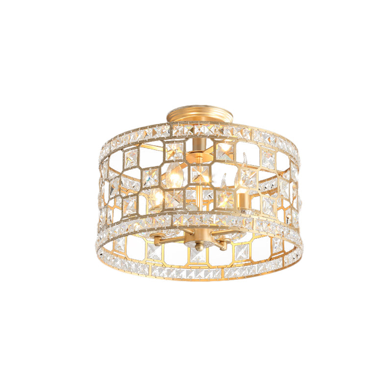 Modernism 3/4/6 Lights Semi Flush Light with Metal and Crystal Shade Gold Drum Ceiling Fixture, 12"/16"/23.5" Wide Clearhalo 'Ceiling Lights' 'Close To Ceiling Lights' 'Close to ceiling' 'Semi-flushmount' Lighting' 220893