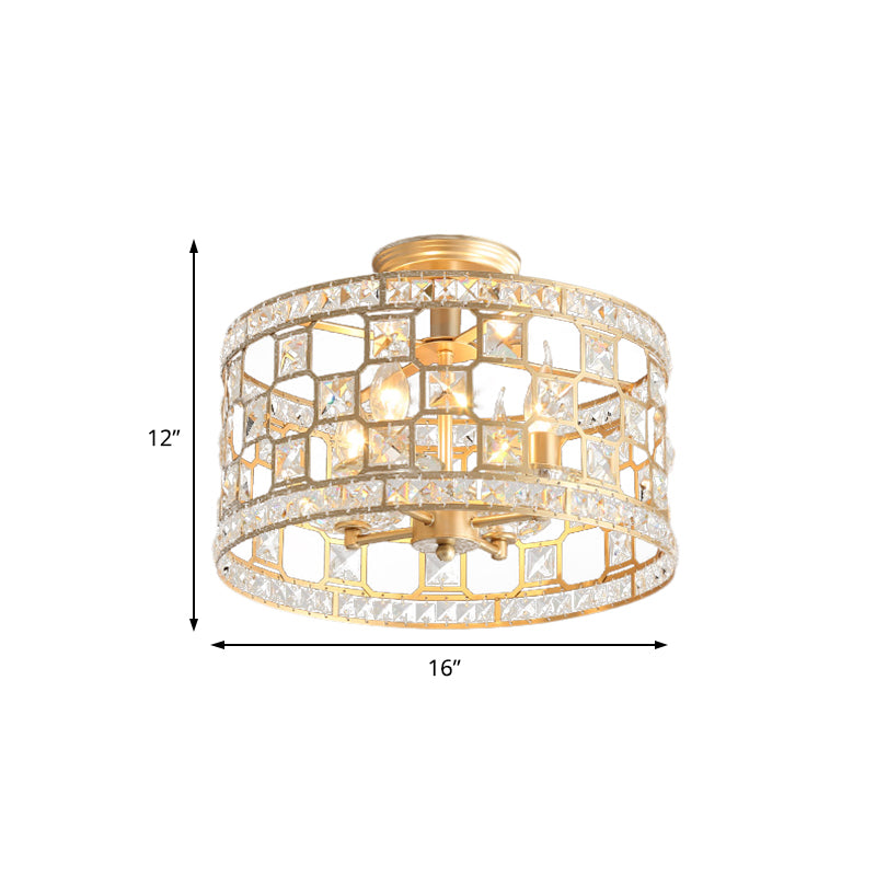 Modernism 3/4/6 Lights Semi Flush Light with Metal and Crystal Shade Gold Drum Ceiling Fixture, 12"/16"/23.5" Wide Clearhalo 'Ceiling Lights' 'Close To Ceiling Lights' 'Close to ceiling' 'Semi-flushmount' Lighting' 220894