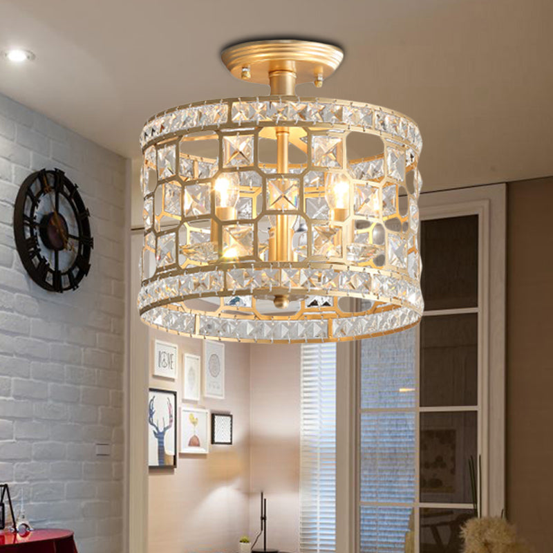 Modernism 3/4/6 Lights Semi Flush Light with Metal and Crystal Shade Gold Drum Ceiling Fixture, 12"/16"/23.5" Wide Gold 12" Clearhalo 'Ceiling Lights' 'Close To Ceiling Lights' 'Close to ceiling' 'Semi-flushmount' Lighting' 220900