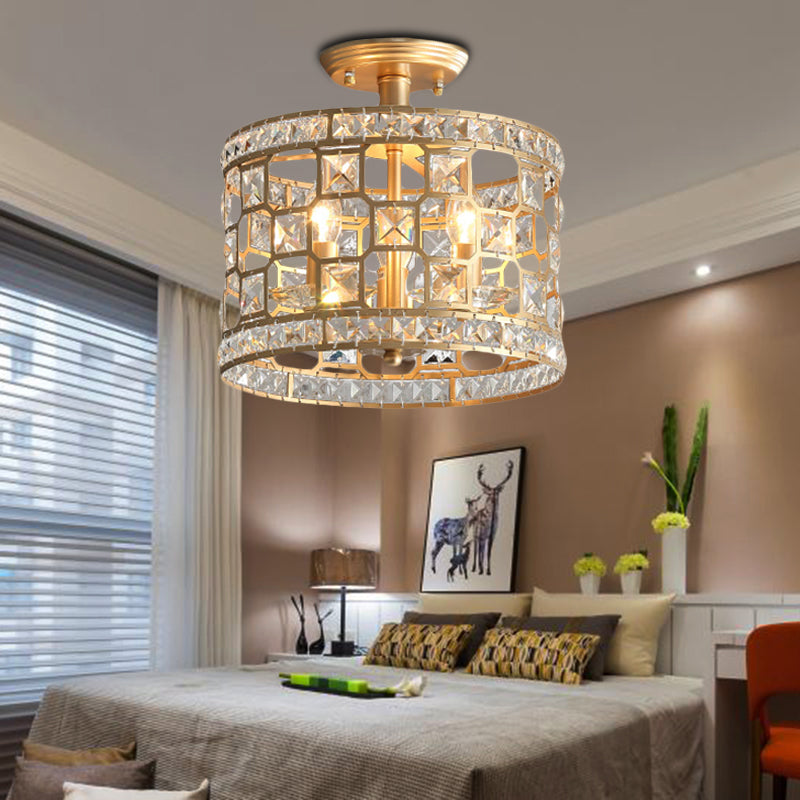 Modernism 3/4/6 Lights Semi Flush Light with Metal and Crystal Shade Gold Drum Ceiling Fixture, 12"/16"/23.5" Wide Clearhalo 'Ceiling Lights' 'Close To Ceiling Lights' 'Close to ceiling' 'Semi-flushmount' Lighting' 220901