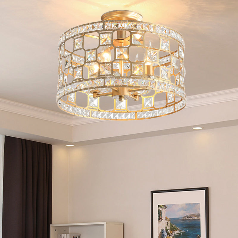 Modernism 3/4/6 Lights Semi Flush Light with Metal and Crystal Shade Gold Drum Ceiling Fixture, 12"/16"/23.5" Wide Clearhalo 'Ceiling Lights' 'Close To Ceiling Lights' 'Close to ceiling' 'Semi-flushmount' Lighting' 220902