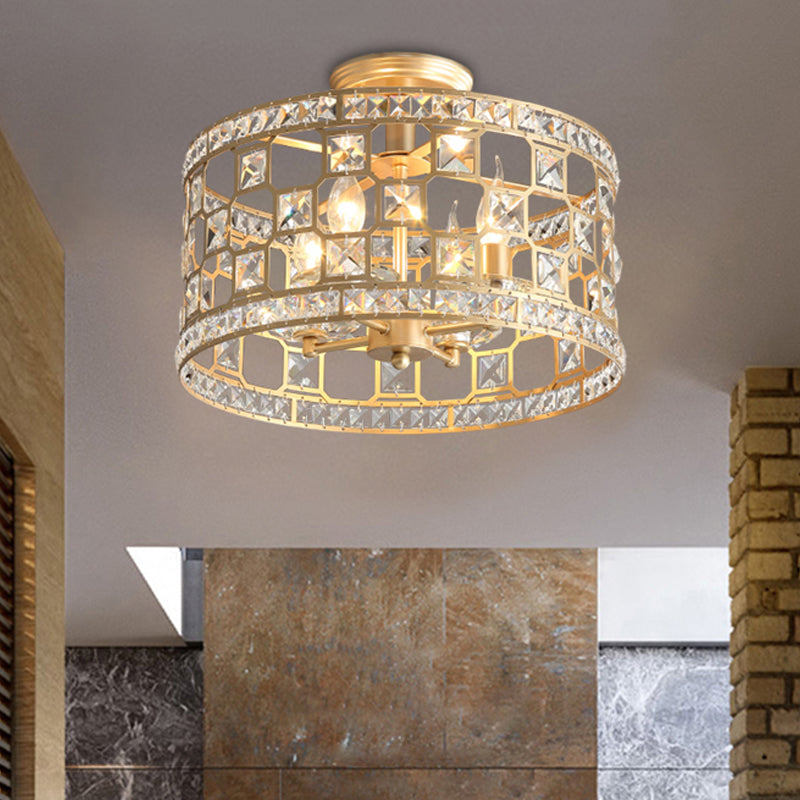 Modernism 3/4/6 Lights Semi Flush Light with Metal and Crystal Shade Gold Drum Ceiling Fixture, 12"/16"/23.5" Wide Gold 16" Clearhalo 'Ceiling Lights' 'Close To Ceiling Lights' 'Close to ceiling' 'Semi-flushmount' Lighting' 220903