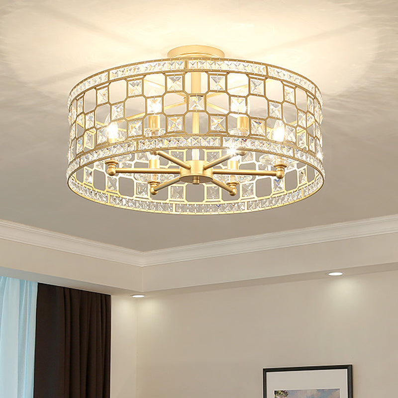 Modernism 3/4/6 Lights Semi Flush Light with Metal and Crystal Shade Gold Drum Ceiling Fixture, 12"/16"/23.5" Wide Clearhalo 'Ceiling Lights' 'Close To Ceiling Lights' 'Close to ceiling' 'Semi-flushmount' Lighting' 220904