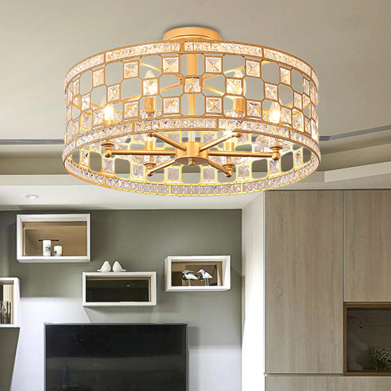 Modernism 3/4/6 Lights Semi Flush Light with Metal and Crystal Shade Gold Drum Ceiling Fixture, 12"/16"/23.5" Wide Gold 23.5" Clearhalo 'Ceiling Lights' 'Close To Ceiling Lights' 'Close to ceiling' 'Semi-flushmount' Lighting' 220905