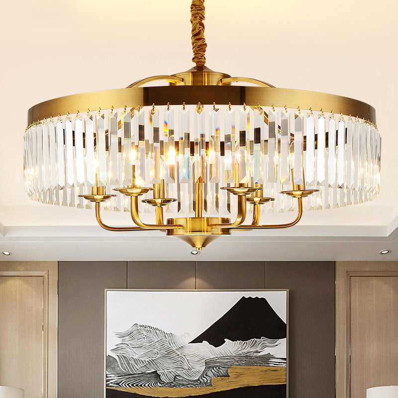 8 Lights Living Room Hanging Ceiling Light with Drum Crystal Block Shade Modern Brass Chandelier Light Clearhalo 'Ceiling Lights' 'Chandeliers' 'Modern Chandeliers' 'Modern' Lighting' 220927