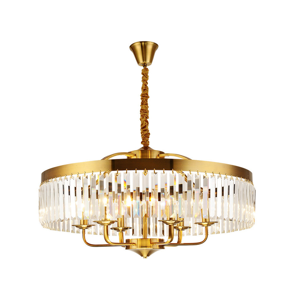 8 Lights Living Room Hanging Ceiling Light with Drum Crystal Block Shade Modern Brass Chandelier Light Clearhalo 'Ceiling Lights' 'Chandeliers' 'Modern Chandeliers' 'Modern' Lighting' 220929