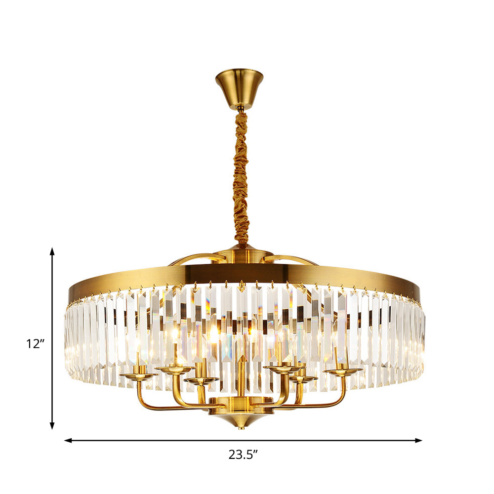 8 Lights Living Room Hanging Ceiling Light with Drum Crystal Block Shade Modern Brass Chandelier Light Clearhalo 'Ceiling Lights' 'Chandeliers' 'Modern Chandeliers' 'Modern' Lighting' 220930