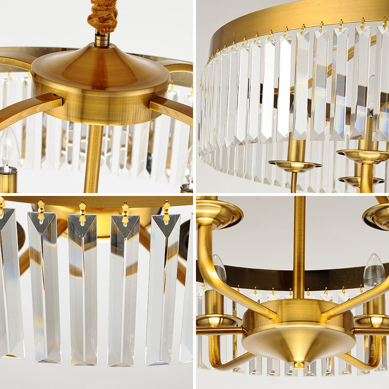 8 Lights Living Room Hanging Ceiling Light with Drum Crystal Block Shade Modern Brass Chandelier Light Clearhalo 'Ceiling Lights' 'Chandeliers' 'Modern Chandeliers' 'Modern' Lighting' 220931