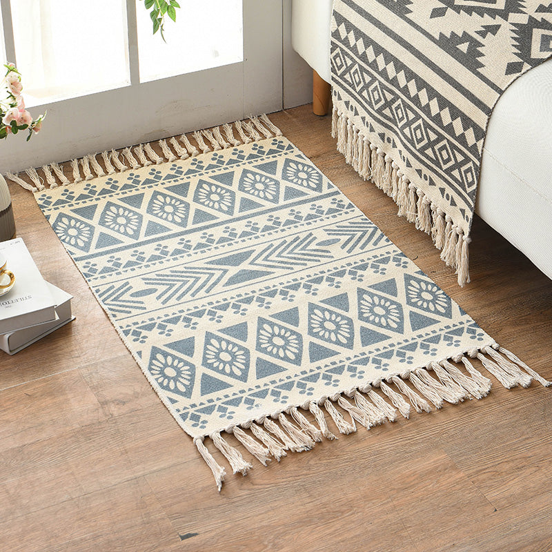 Retro Multi Color Moroccan Rug Cotton Blend Tribal Symbols Carpet Machine Washable Rug with Tassel for Room Gray Blue Clearhalo 'Area Rug' 'Moroccan' 'Rugs' Rug' 2209330