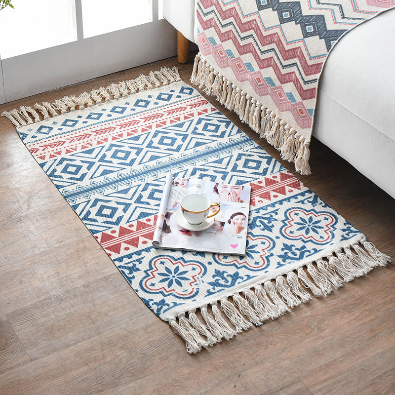 Retro Multi Color Moroccan Rug Cotton Blend Tribal Symbols Carpet Machine Washable Rug with Tassel for Room Red Clearhalo 'Area Rug' 'Moroccan' 'Rugs' Rug' 2209336