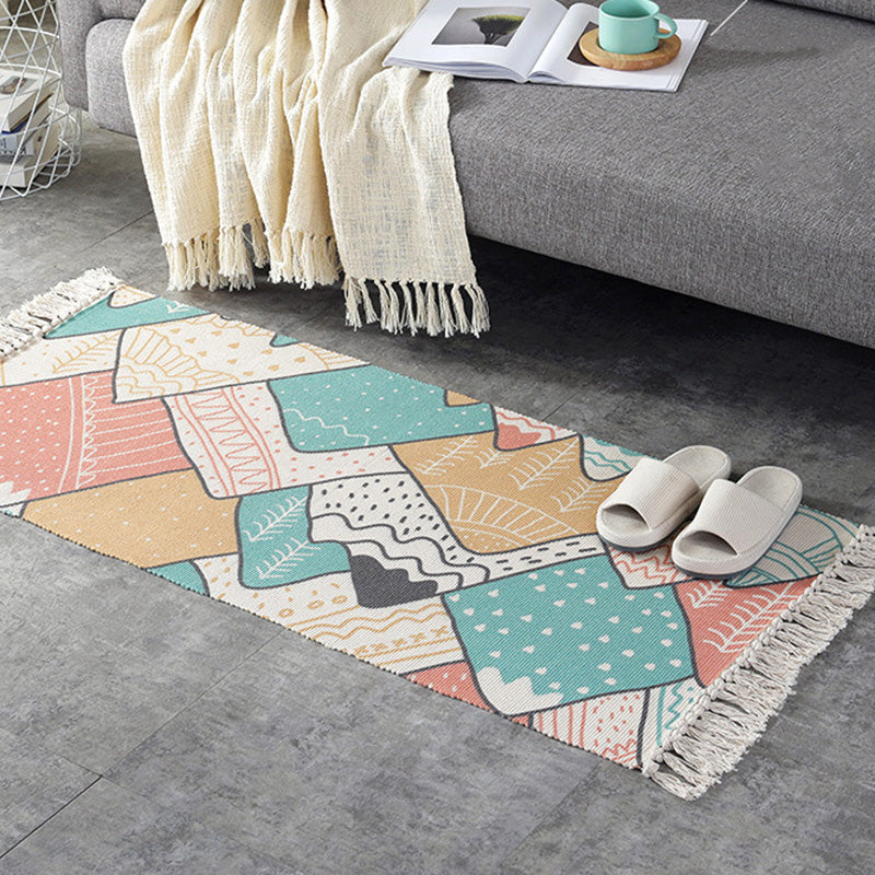Casual Multi-Color Retro Rug Cotton Blend Geometric Print Carpet Machine Washable Easy Care Rug with Tassel for Decor Blue-Green Clearhalo 'Area Rug' 'Moroccan' 'Rugs' Rug' 2209390