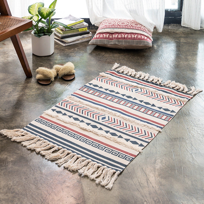 Multi Color Retro Rug Cotton Blend Tribal Totem Indoor Rug Handmade Pet Friendly Carpet with Fringe for Home Decor Navy 2' x 2'11" Clearhalo 'Area Rug' 'Moroccan' 'Rugs' Rug' 2209427