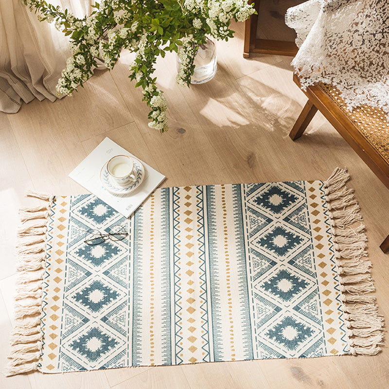 Multi Color Retro Rug Cotton Blend Tribal Totem Indoor Rug Handmade Pet Friendly Carpet with Fringe for Home Decor Blue 2' x 2'11" Clearhalo 'Area Rug' 'Moroccan' 'Rugs' Rug' 2209429