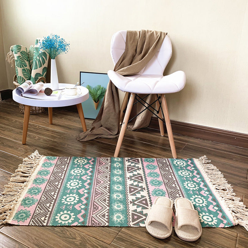 Western Bedroom Rug Multi Colored Tribal Geo Carpet Cotton Blend Easy Care Washable Area Rug with Tassel Green Clearhalo 'Area Rug' 'Moroccan' 'Rugs' Rug' 2209445