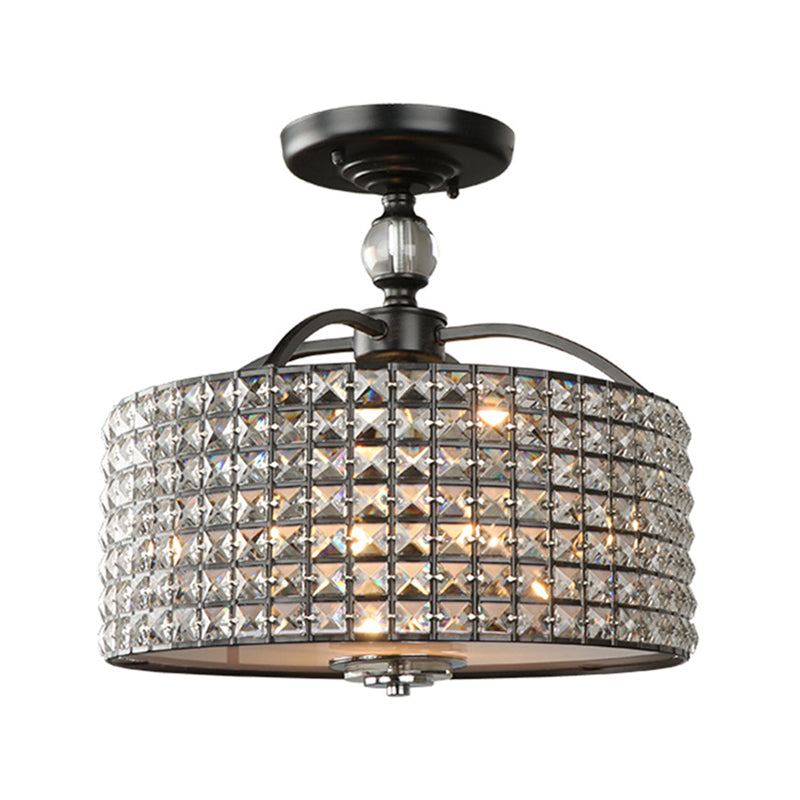 Drum Ceiling Fixture Contemporary Crystal 3 Lights Chrome/Black Semi Flush Mount Light with Acrylic Diffuser Clearhalo 'Ceiling Lights' 'Close To Ceiling Lights' 'Close to ceiling' 'Semi-flushmount' Lighting' 220952