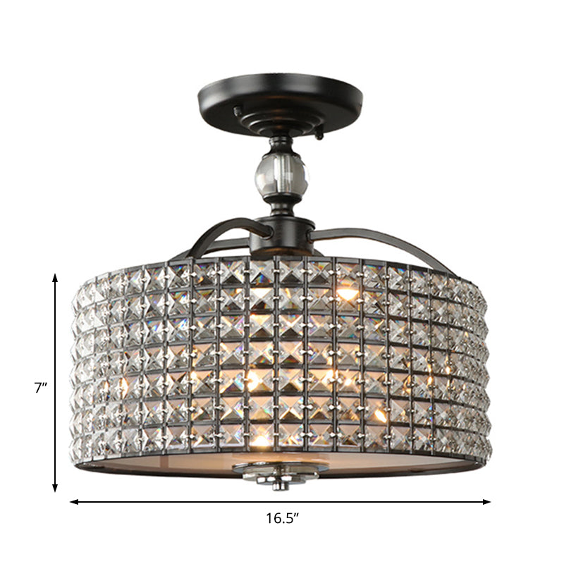 Drum Ceiling Fixture Contemporary Crystal 3 Lights Chrome/Black Semi Flush Mount Light with Acrylic Diffuser Clearhalo 'Ceiling Lights' 'Close To Ceiling Lights' 'Close to ceiling' 'Semi-flushmount' Lighting' 220953