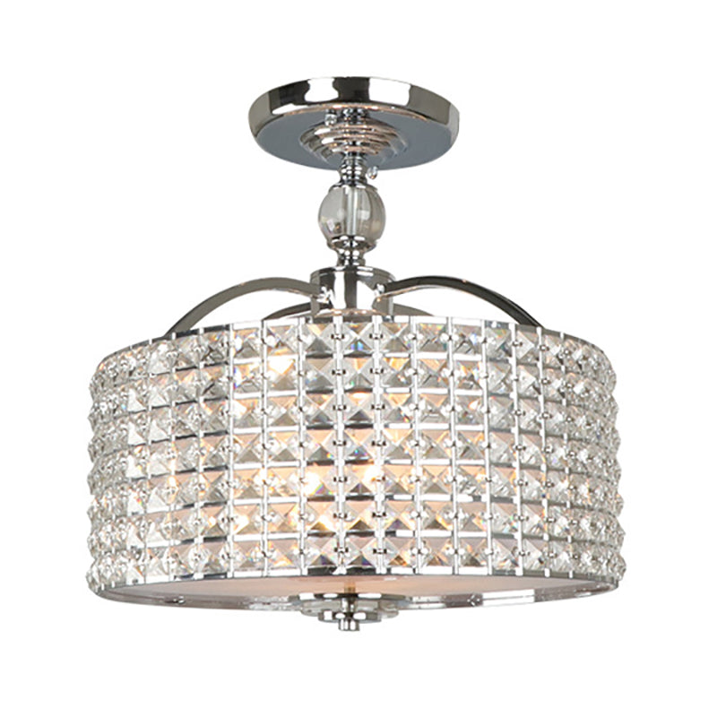 Drum Ceiling Fixture Contemporary Crystal 3 Lights Chrome/Black Semi Flush Mount Light with Acrylic Diffuser Clearhalo 'Ceiling Lights' 'Close To Ceiling Lights' 'Close to ceiling' 'Semi-flushmount' Lighting' 220956