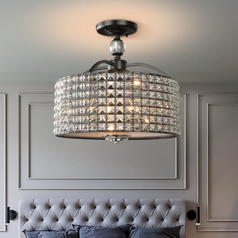 Drum Ceiling Fixture Contemporary Crystal 3 Lights Chrome/Black Semi Flush Mount Light with Acrylic Diffuser Clearhalo 'Ceiling Lights' 'Close To Ceiling Lights' 'Close to ceiling' 'Semi-flushmount' Lighting' 220958