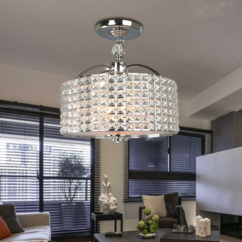 Drum Ceiling Fixture Contemporary Crystal 3 Lights Chrome/Black Semi Flush Mount Light with Acrylic Diffuser Clearhalo 'Ceiling Lights' 'Close To Ceiling Lights' 'Close to ceiling' 'Semi-flushmount' Lighting' 220960