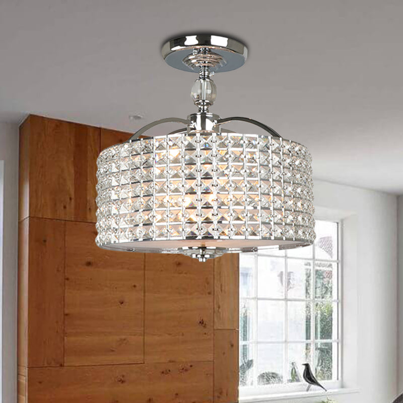 Drum Ceiling Fixture Contemporary Crystal 3 Lights Chrome/Black Semi Flush Mount Light with Acrylic Diffuser Clearhalo 'Ceiling Lights' 'Close To Ceiling Lights' 'Close to ceiling' 'Semi-flushmount' Lighting' 220961