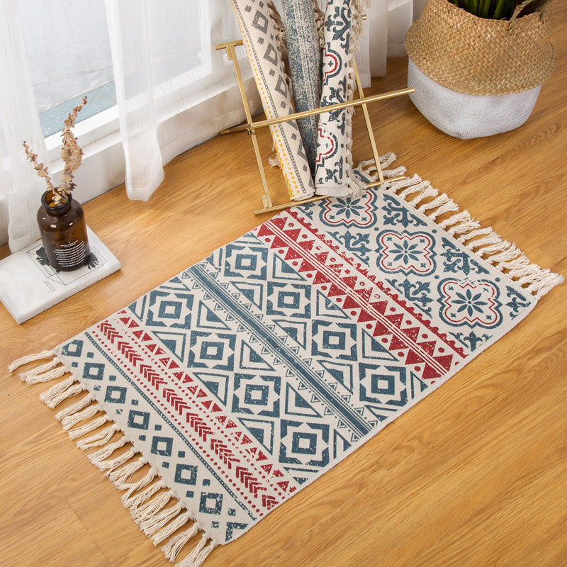 Multi Color Boho Rug Cotton Blend Southwestern Pattern Carpet Handmade Machine Washable Rug with Tassel for Decoration Red 2' x 2'11" Clearhalo 'Area Rug' 'Moroccan' 'Rugs' Rug' 2209633