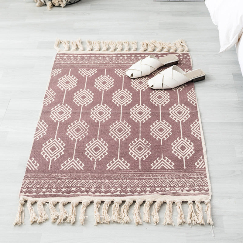 Multi Color Boho Rug Cotton Blend Southwestern Pattern Carpet Handmade Machine Washable Rug with Tassel for Decoration Rose Red 2' x 2'11" Clearhalo 'Area Rug' 'Moroccan' 'Rugs' Rug' 2209638