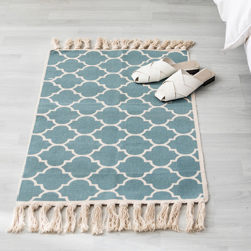 Multi Color Boho Rug Cotton Blend Southwestern Pattern Carpet Handmade Machine Washable Rug with Tassel for Decoration Lake Green 2' x 2'11" Clearhalo 'Area Rug' 'Moroccan' 'Rugs' Rug' 2209639