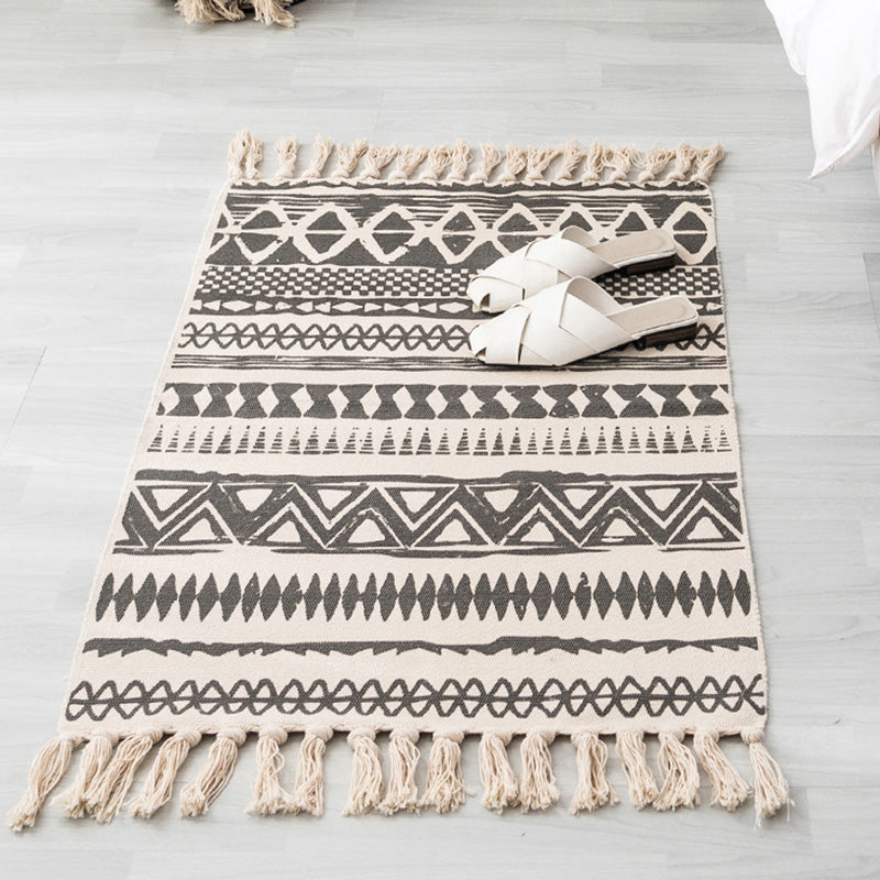 Multi Color Boho Rug Cotton Blend Southwestern Pattern Carpet Handmade Machine Washable Rug with Tassel for Decoration Black-Gray 2' x 2'11" Clearhalo 'Area Rug' 'Moroccan' 'Rugs' Rug' 2209641