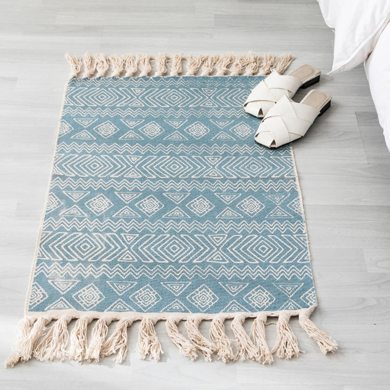 Multi Color Boho Rug Cotton Blend Southwestern Pattern Carpet Handmade Machine Washable Rug with Tassel for Decoration Lake Blue 2' x 2'11" Clearhalo 'Area Rug' 'Moroccan' 'Rugs' Rug' 2209643