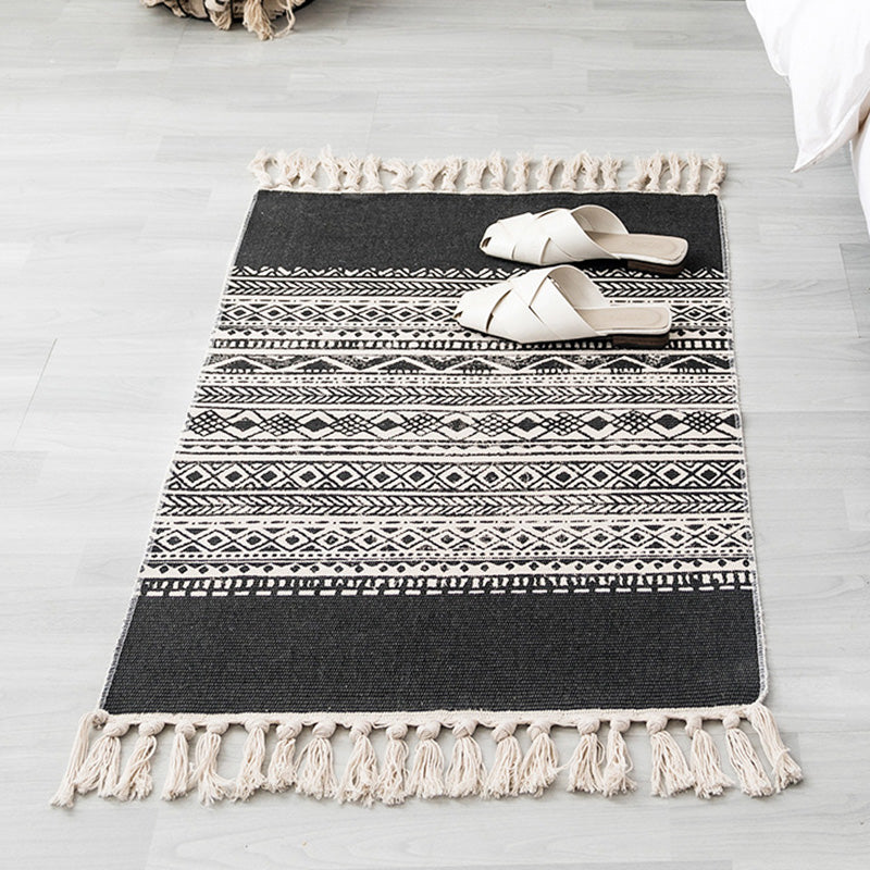 Multi Color Boho Rug Cotton Blend Southwestern Pattern Carpet Handmade Machine Washable Rug with Tassel for Decoration Black 2' x 2'11" Clearhalo 'Area Rug' 'Moroccan' 'Rugs' Rug' 2209648
