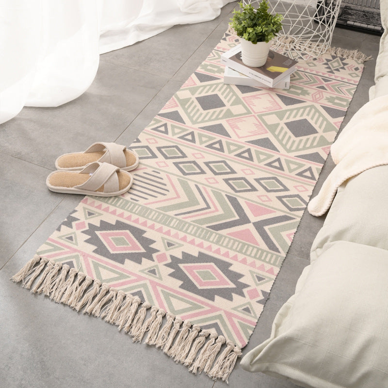 Relaxing Multi Color Retro Rug Cotton Patterned Carpet Machine Washable Indoor Rug with Tassel for Decor Green-Pink Clearhalo 'Area Rug' 'Moroccan' 'Rugs' Rug' 2209713