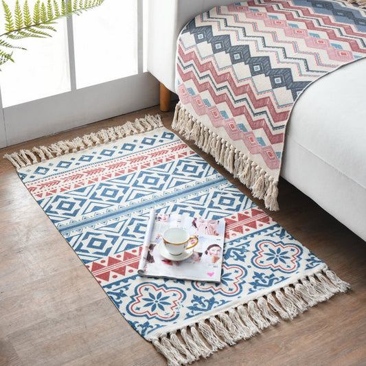 Western Bedroom Rug Multi-Colored Geometric Print Carpet Cotton Blend Machine Washable Easy Care Rug with Fringe Blue-Red 2' x 2'11" Clearhalo 'Area Rug' 'Moroccan' 'Rugs' Rug' 2209730