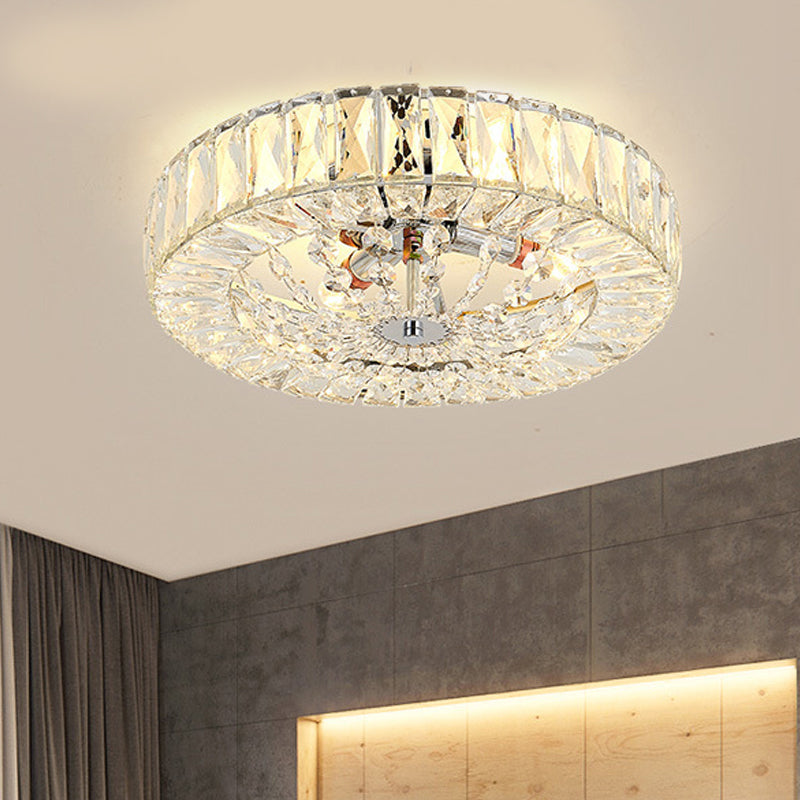 Drum Flush Mount Light Contemporary Crystal Block LED Chrome Ceiling Fixture, 16"/23.5" Wide Clearhalo 'Ceiling Lights' 'Close To Ceiling Lights' 'Close to ceiling' 'Flush mount' Lighting' 220985