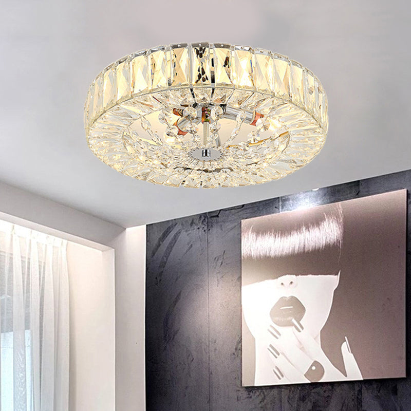 Drum Flush Mount Light Contemporary Crystal Block LED Chrome Ceiling Fixture, 16"/23.5" Wide Clearhalo 'Ceiling Lights' 'Close To Ceiling Lights' 'Close to ceiling' 'Flush mount' Lighting' 220986