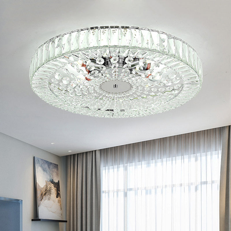 Drum Flush Mount Light Contemporary Crystal Block LED Chrome Ceiling Fixture, 16"/23.5" Wide Clearhalo 'Ceiling Lights' 'Close To Ceiling Lights' 'Close to ceiling' 'Flush mount' Lighting' 220988