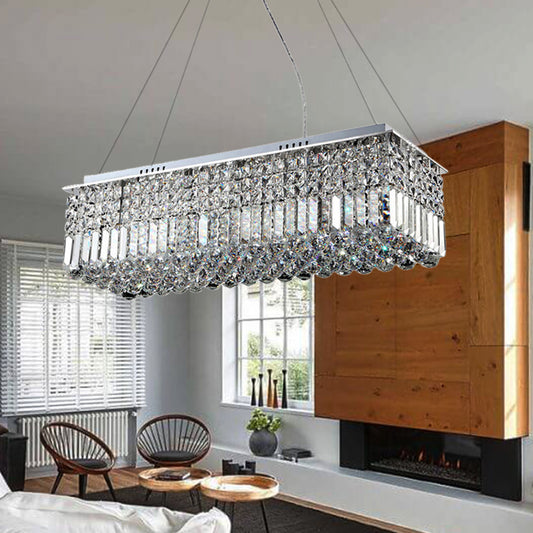 8 Lights Living Room Chandelier Light with Rectangle Crystal Shade Modern Chrome Hanging Ceiling Light Chrome Clearhalo 'Ceiling Lights' 'Island Lights' Lighting' 220999