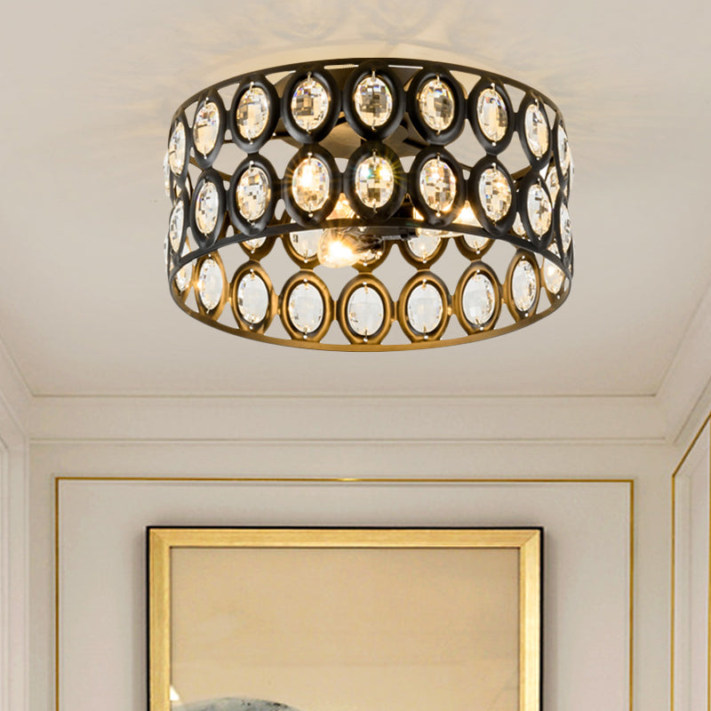 Modern 3 Lights Ceiling Light with Metal and Crystal Black Cylinder Flush Mount Light Clearhalo 'Ceiling Lights' 'Close To Ceiling Lights' 'Close to ceiling' 'Semi-flushmount' Lighting' 221057