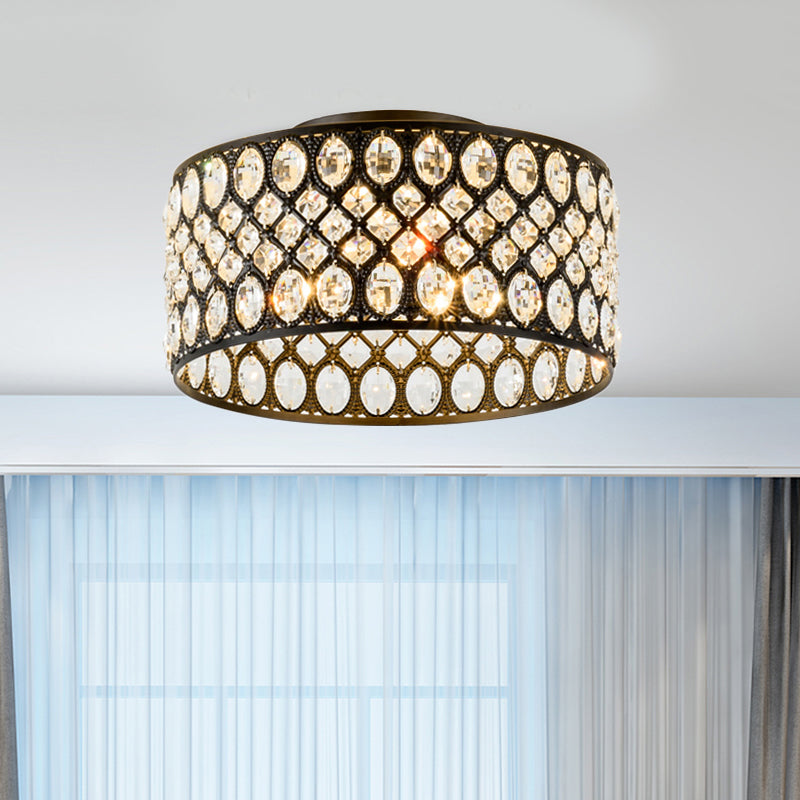 Modern 3 Lights Ceiling Light with Metal and Crystal Black Cylinder Flush Mount Light Black B Clearhalo 'Ceiling Lights' 'Close To Ceiling Lights' 'Close to ceiling' 'Semi-flushmount' Lighting' 221059