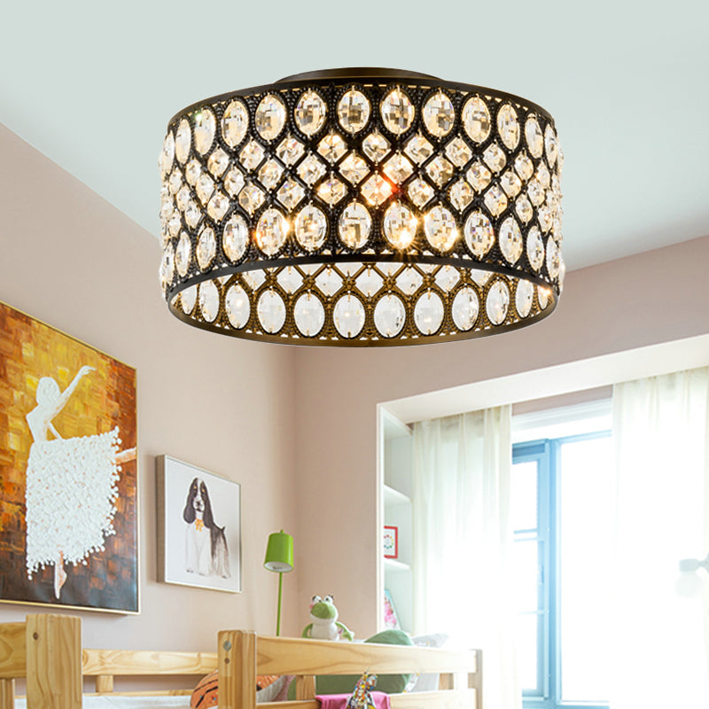 Modern 3 Lights Ceiling Light with Metal and Crystal Black Cylinder Flush Mount Light Clearhalo 'Ceiling Lights' 'Close To Ceiling Lights' 'Close to ceiling' 'Semi-flushmount' Lighting' 221060