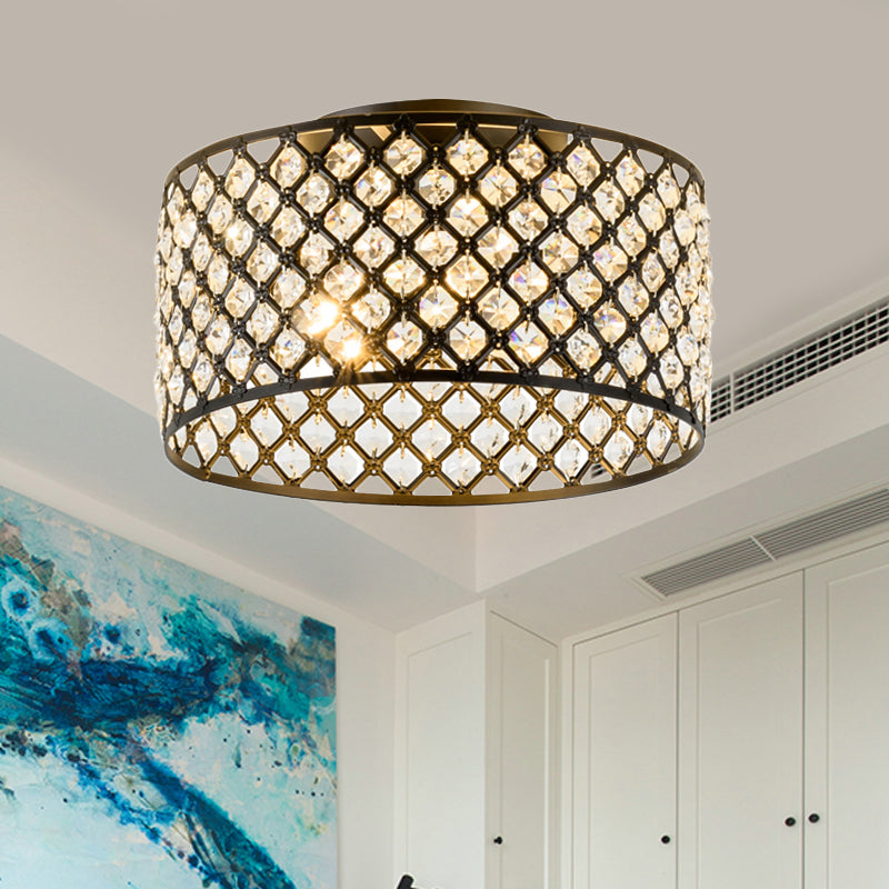 Modern 3 Lights Ceiling Light with Metal and Crystal Black Cylinder Flush Mount Light Black C Clearhalo 'Ceiling Lights' 'Close To Ceiling Lights' 'Close to ceiling' 'Semi-flushmount' Lighting' 221061