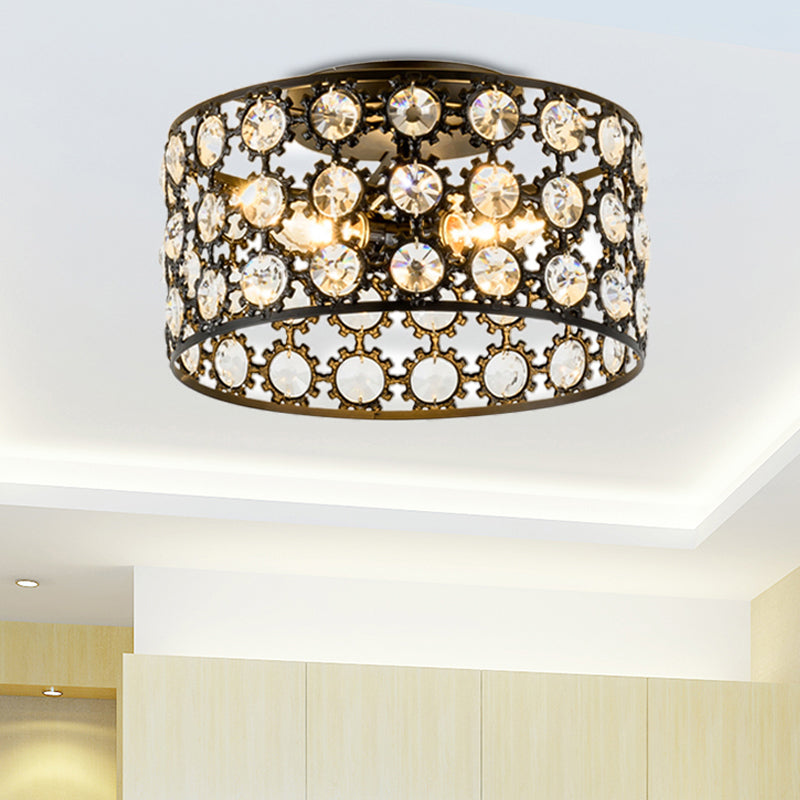 Modern 3 Lights Ceiling Light with Metal and Crystal Black Cylinder Flush Mount Light Clearhalo 'Ceiling Lights' 'Close To Ceiling Lights' 'Close to ceiling' 'Semi-flushmount' Lighting' 221062