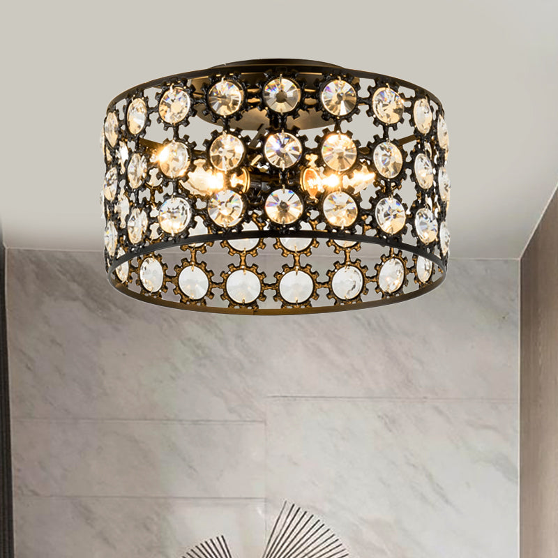 Modern 3 Lights Ceiling Light with Metal and Crystal Black Cylinder Flush Mount Light Black D Clearhalo 'Ceiling Lights' 'Close To Ceiling Lights' 'Close to ceiling' 'Semi-flushmount' Lighting' 221063