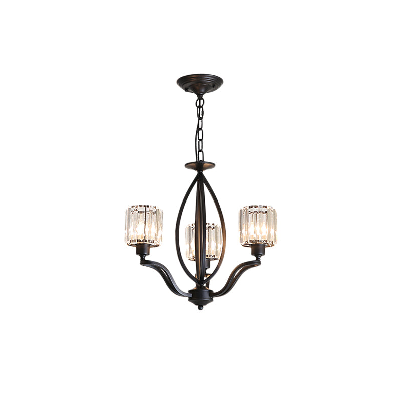 Simple Cylinder Chandelier Light Crystal Block 3/6 Lights Bedroom Ceiling Light Fixture in Black Clearhalo 'Ceiling Lights' 'Chandeliers' 'Glass shade' 'Glass' 'Modern Chandeliers' 'Modern' Lighting' 221094