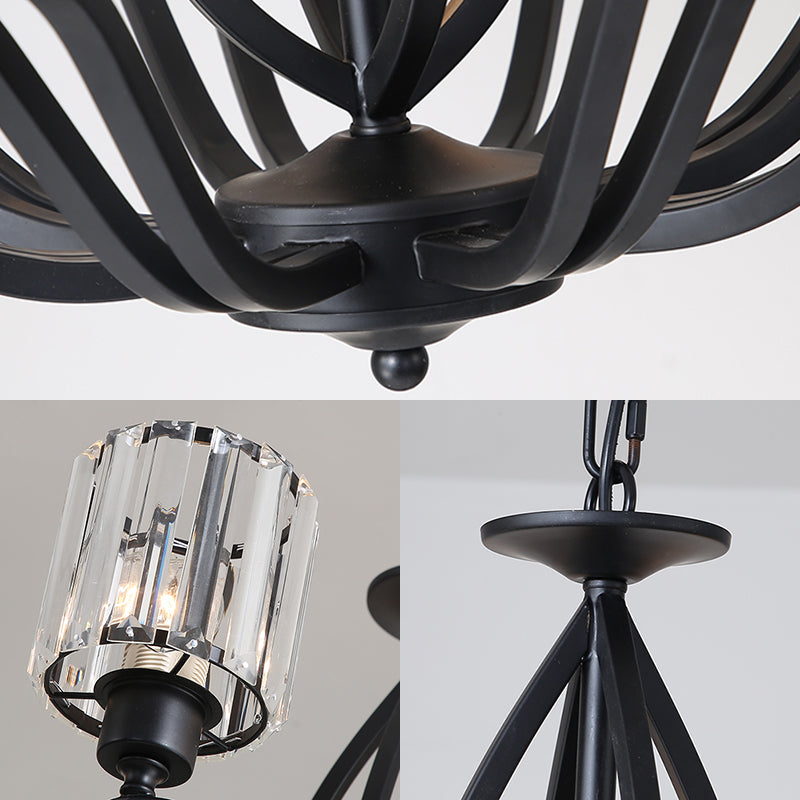 Simple Cylinder Chandelier Light Crystal Block 3/6 Lights Bedroom Ceiling Light Fixture in Black Clearhalo 'Ceiling Lights' 'Chandeliers' 'Glass shade' 'Glass' 'Modern Chandeliers' 'Modern' Lighting' 221096