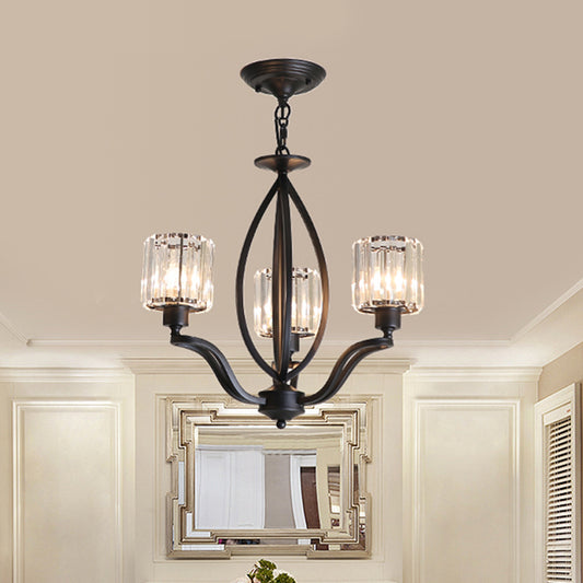 Simple Cylinder Chandelier Light Crystal Block 3/6 Lights Bedroom Ceiling Light Fixture in Black Clearhalo 'Ceiling Lights' 'Chandeliers' 'Glass shade' 'Glass' 'Modern Chandeliers' 'Modern' Lighting' 221098