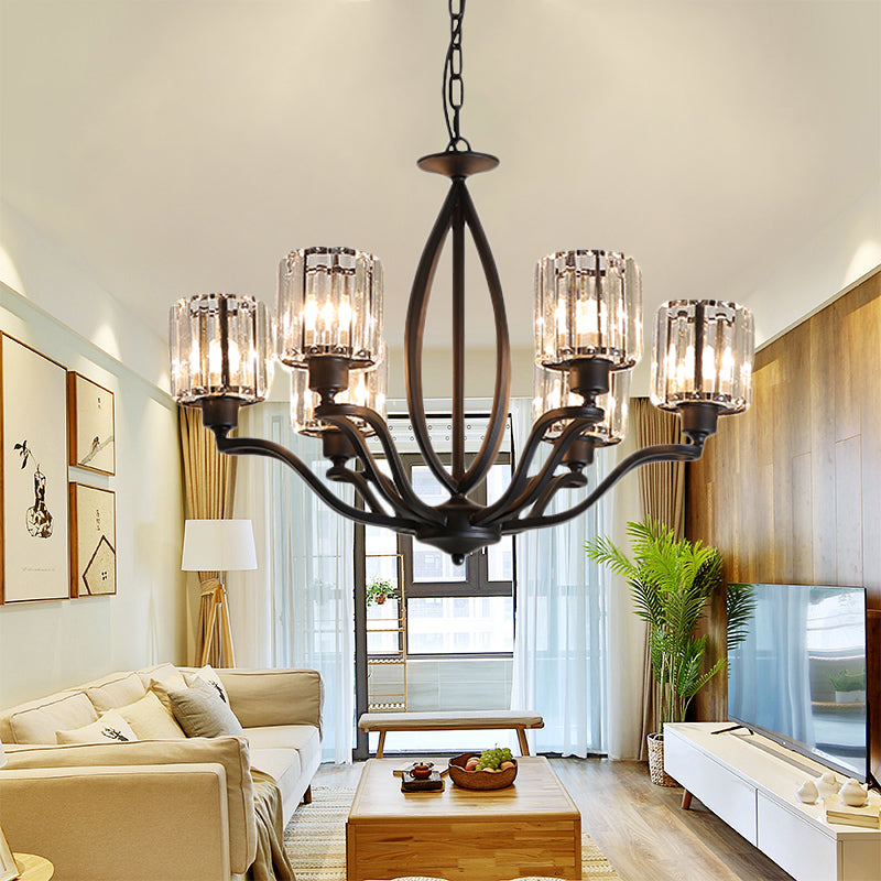 Simple Cylinder Chandelier Light Crystal Block 3/6 Lights Bedroom Ceiling Light Fixture in Black 6 Black Clearhalo 'Ceiling Lights' 'Chandeliers' 'Glass shade' 'Glass' 'Modern Chandeliers' 'Modern' Lighting' 221099